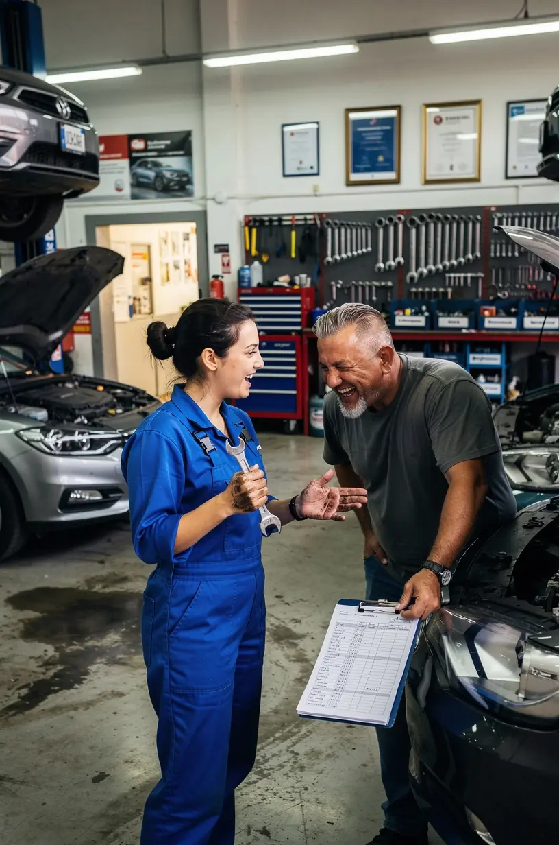 Zákazník konzultuje s mechanikom ponuku údržby auta s jasným vysvetlením fixnej ceny